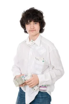 Young guy holds batch of money Stock Photos