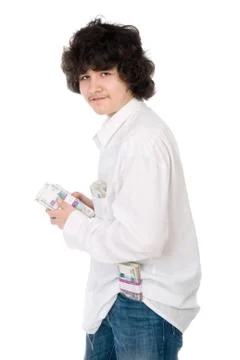 Young guy holds batch of money 스톡 사진