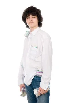 Young guy holds batch of money Stock Photos