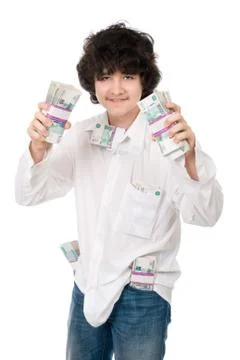 Young guy holds batch of money Stock Photos