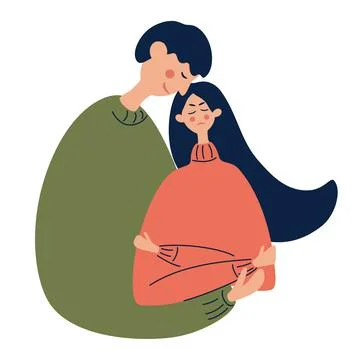 Young guy hugs a frustrated girl. An unhappy, grieving woman or a tense stude Stock Illustration