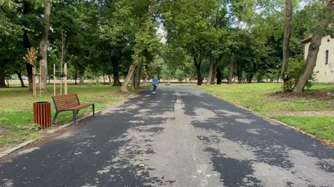A young guy jumps and does tricks on a scooter in a park Stock Footage 230620124