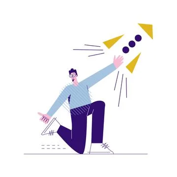 A young guy launches a rocket Flat vector illustration isolated on white back Illustrazione stock