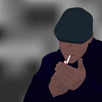 A young guy lights a cigarette. Flat cartoon vector illustration. Illustrazione stock