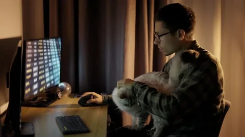 Young guy looking at screen traiding online from home office sit with cute white Stock Footage 166316526