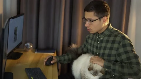 Young guy looking at screen traiding online from home office sit with cute white Stock Footage 166789660