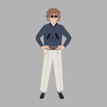 A young guy, a man, in light-colored trousers and a blue sweater with a dog prin Stock Illustration