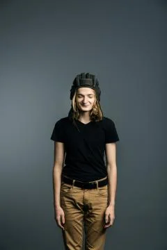 Young guy model posing in a tankman helmet Stock Photos