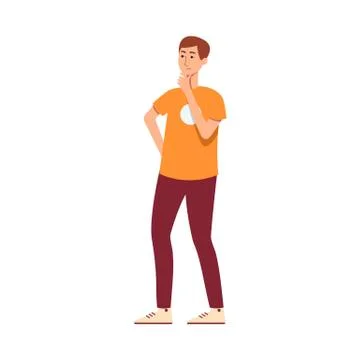 Young guy or man thinks and finds a solution flat vector illustration isolated. Illustrazione stock