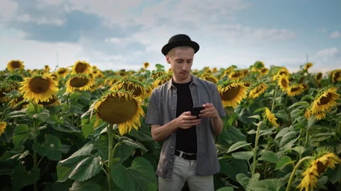 Young guy with, pierced in a sunflower field takes a selfie on the phone camera Stock Footage 162963086