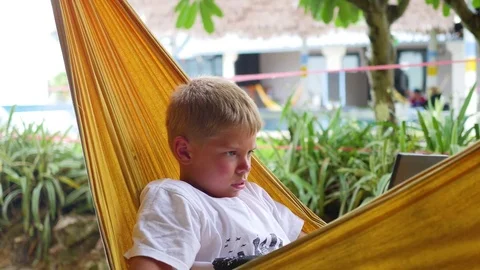 Young guy playing on laptop lying in a hammock Video stock 75677936