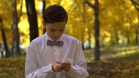 Young guy playing in the phone and walking in the autumn park Stock Footage 81150464