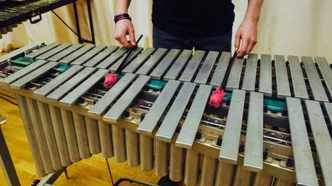A young guy playing the vibraphone at a music school. Stock Photos