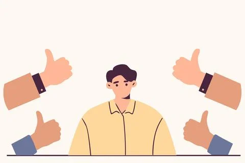Young guy with positive gestures hands with thumbs up. Public approval concept Stock Illustration