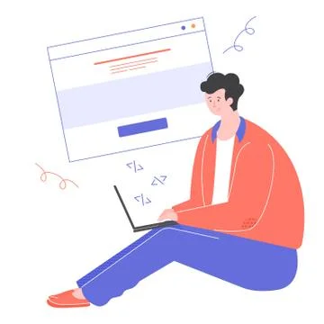 Young guy is a programmer, coder, web developer. 스톡 일러스트