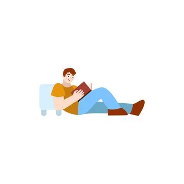 A young guy is reading a book leaning on the sofa. Stock Illustration