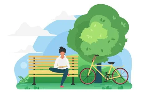 Young guy reading a book in a park near the bike Ilustração Stock