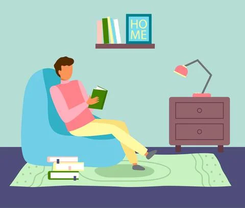 Young guy reads while sitting in blue chair. The concept of staying home. Flat Stock Illustration