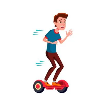 Young guy ride hoverboard in park cartoon vector Ilustración de archivo