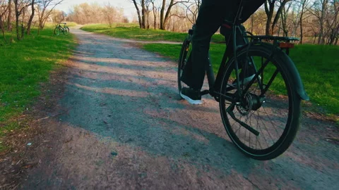 Young Guy Rides a Bicycle Along a Path in a Green Forest, Rear View in Slow Mo Stock Footage 182398455