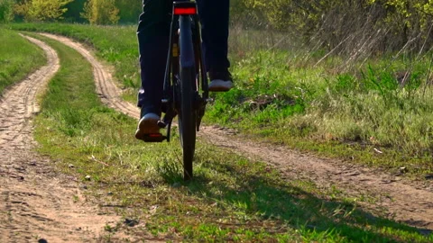 Young Guy Rides a Bicycle Along a Dusty Path in the Forest at Sunset Stock Footage 194008311