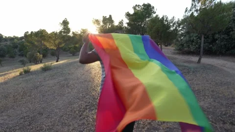 Young guy running across a field at sunset holding a rainbow flag above the head 스톡 동영상 250469155