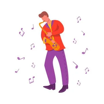 A young guy saxophone player.Modern flat vector illustration notes. Illustrazione stock