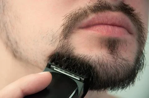 A young guy shaves in the bathroom. The guy shaves his beard with a trimer. C Stock Photos