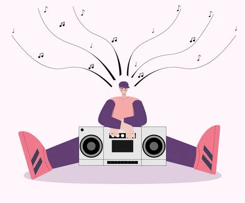 A young guy sits with his hands on the tape recorder Stock Illustration