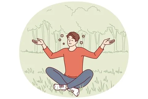Young guy sits in lotus position on lawn doing yoga and meditating to restore Stock Illustration