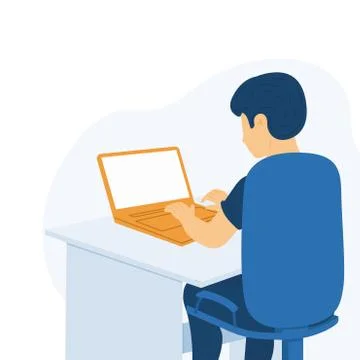 Young guy sits at a table and works at a laptop, man using computer laptop, f イラスト素材