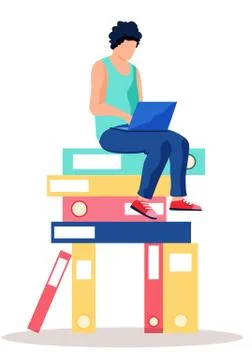 A young guy is sitting on a stack of folders or books. Guy working on laptop Stock Illustration