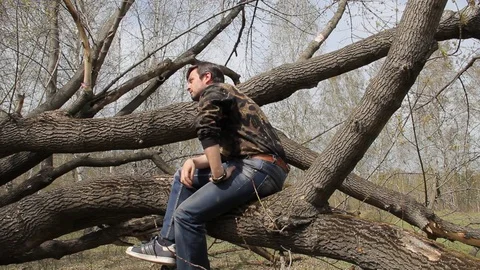 A young guy sitting in a tree Stock Footage 75336092