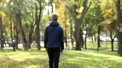 A young guy with a smartphone in his hand slowly walks into the park. Stock Footage 141739810