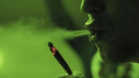 A young guy smoking a rolled jointer with weed buds inside in the green light Stock Photos