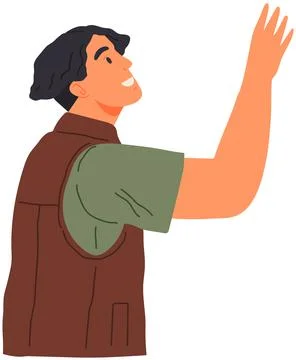 Young guy standing and looking at something. Guy holding hand up. Smiling man Stock Illustration