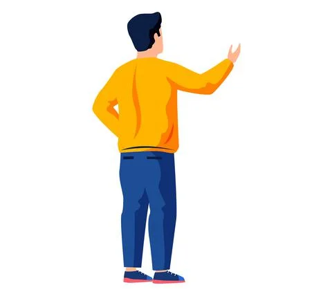 Young guy standing and talking turned back. Male character is looking at Stock Illustration