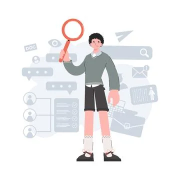 A young guy stands in full growth and holds a magnifying glass in his hands.  Stock Illustration