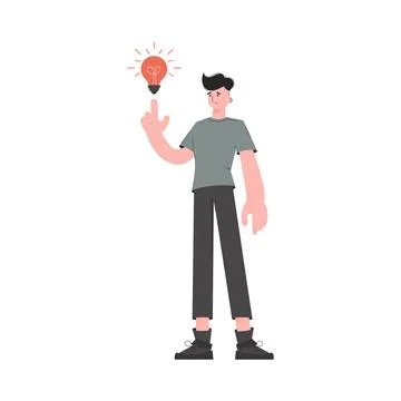 A young guy stands in full growth with a light bulb. Isolated. Element for pr Illustrazione stock
