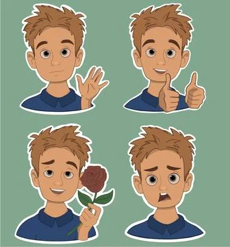 A young guy in the style of stickers, in different poses pack three Stock Illustration
