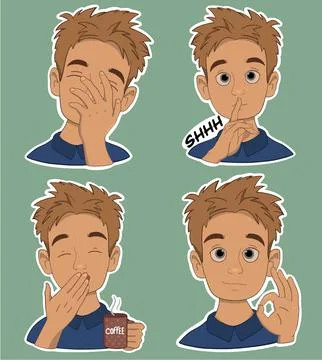 A young guy in the style of stickers, in different poses pack first Stock Illustration