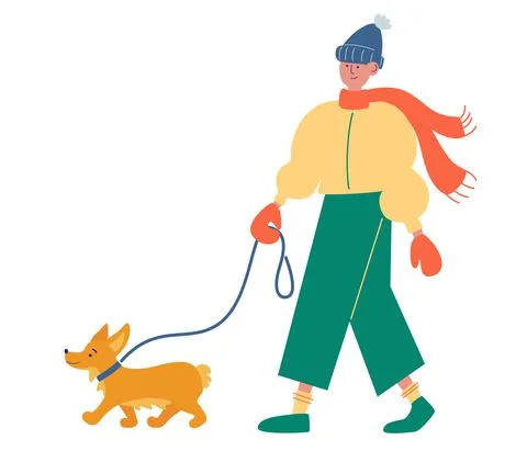 Young guy in stylish winter clothes walks with a dog. Human best friends. Hea Stock Illustration