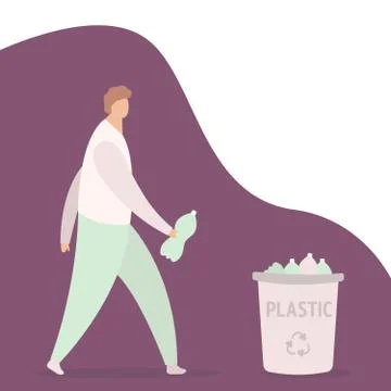Young Guy Throwing plastic bottle Into Container Vector. Isolated Illustration Stock Illustration