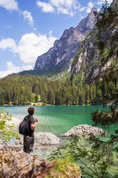 Young guy, a tourist with a backpack Stock Photos
