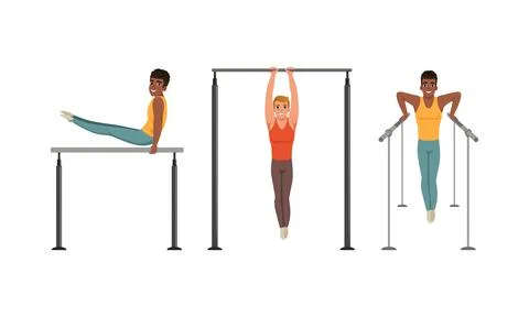 Young Guy Training on Different Gymnastics Apparatus Like Horizontal and Stock Illustration