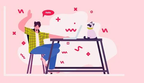 Young guy using laptop at workplace generation Z lifestyle concept new modern Stock Illustration