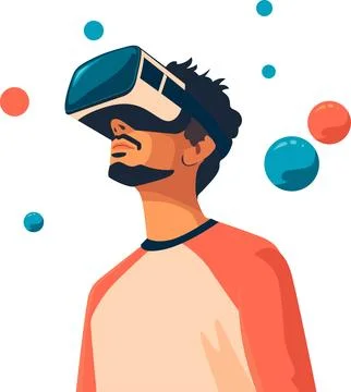 Young guy in vr glasses. Metaverse entertainment. Stock Illustration