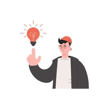 A young guy is waist-deep with a light bulb. Isolated. Element for presentati Illustrazione stock