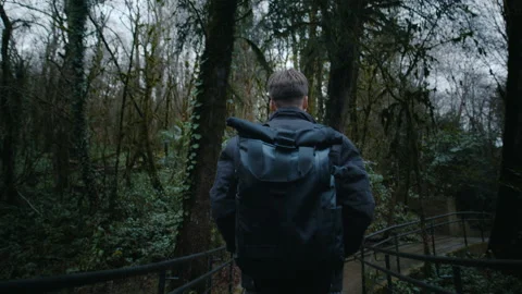Young guy is walking through the forest, modern freelancer on vacation Stock Footage 147493093