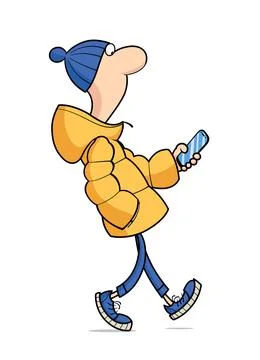 Young guy in winter jacket walk. Cartoon character with phone, Isolated on wh Stock Illustration